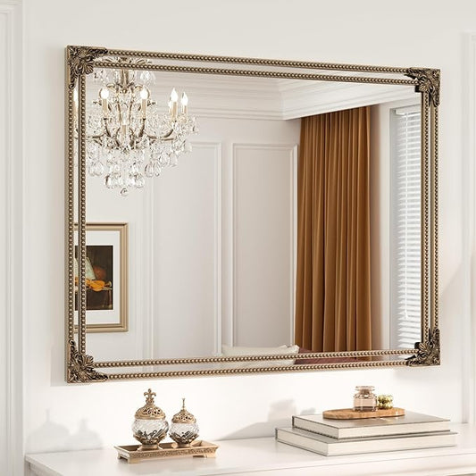 Keonjinn Brass Vintage Mirror for Wall, 40" x 30" Antique Gold Mirrors with Metal Frame, Baroque Style Decoration for Mantle, Bathroom, Living Room, Fireplace, Bedroom, HD Shatterproof Glass