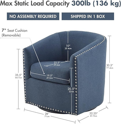 Madison Park Swivel Barrel Accent Chair, Upholstered Curved Back with 7-Inch Thick Woven Cushion, 360° Swivel, Nailhead Trim, Comfy Chair for Living Room, Bedroom, Office, 28" Wide, Blue, Tyler
