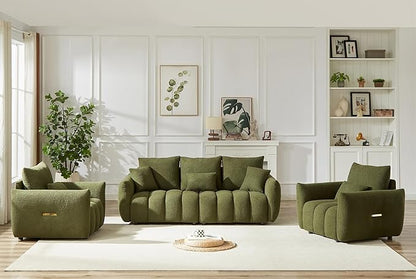 Antetek Set of 3 Teddy Sofa for Living Room, Modern 2 Units Deep Seat Sofa Chairs and an Oversized 3-Seater Cloud Boucle Couch for Bedroom, Office, Apartment, Furniture Set, Green (3 Pieces)