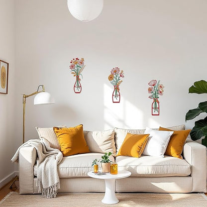 3 Pieces Metal Flowers Wall Art Decor, House Minimalist Bathroom Wall Decors Sculptures for Living Room Dining Room Bedroom Housewarming Gifts