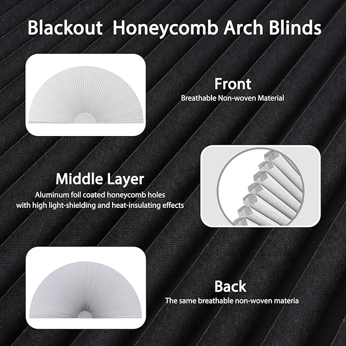 Arch Window Shade Blackout Cellular Shades Half Circle Moon Window Covering No Drill Honeycomb Cordless Blinds for Indoor Window Room Darkening Easy Install Light Blocking Blinds (1, White, 36x18inch)