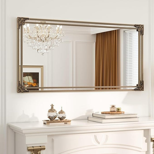 Keonjinn Gold Vintage Mirror 48 x 24 Inch, Antique Mirrors Rectangle, Traditional Mantel Decoration, Baroque Style Wall Decor for Hallway, Fireplace, Entryway, Living Room, Anti-Rust, Waterproof