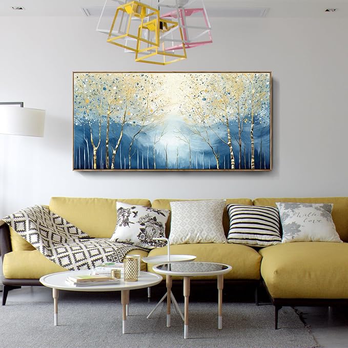 Extra Framed Modern Living Room Wall Art. Abstract Landscape Canvas Print Picture, Blue And Yellow Plant And Forest Artwork For Offices, Studies, Bedrooms, Dining Rooms, And Lounges. 58X29 Inches.
