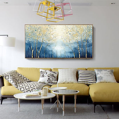 Extra Framed Modern Living Room Wall Art. Abstract Landscape Canvas Print Picture, Blue And Yellow Plant And Forest Artwork For Offices, Studies, Bedrooms, Dining Rooms, And Lounges. 58X29 Inches.
