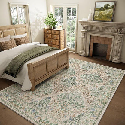 9x12 Area Rugs for Living Room: Washable Bedroom Rug Vintage Area Rug Stain Resistant Non Slip Low Pile Lightweight Soft Carpets for Dining Room Kitchen Nursery Kids Room Farmhouse Home Office