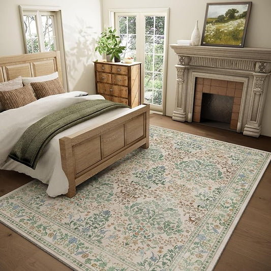 Machine Washable Rugs for Living Room: 6x9 Bedroom Rug Vintage Stain Resistant Non Slip Low Pile Lightweight Soft Carpets for Living Room Dining Room Kitchen Nursery Kids Room Farmhouse