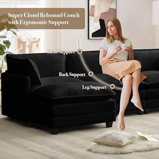 ROWHY 112'' Modular Sectional Cloud Couch with Movable Ottoman, 4 Seat Modern Chenille Sofa with 2 Throw Pillows, Deep Seat L Shaped Couch for Living Room Bedroom Apartment, Black | Arrange Freedom, Pet-Friendly Fabric, Sturdy Frame, Ultimate Comfort, ...