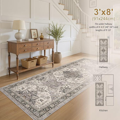 Area Rug for Living Room - 3x8 Soft Machine Washable Oriental Vintage Floral Distressed Large Indoor Floor Carpet for Bedroom Under Dining Table Home Office Decor - Brown