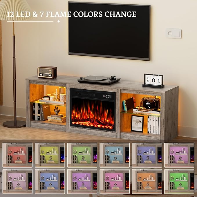 Kucreiheat 70'' TV Stand with 23'' Fireplace-Entertainment Center with LED Light for 75 inch TV-Grey Fireplace Stand with Adjustable Glass Shelves, Modern TV Console for Living Room/Bedroom
