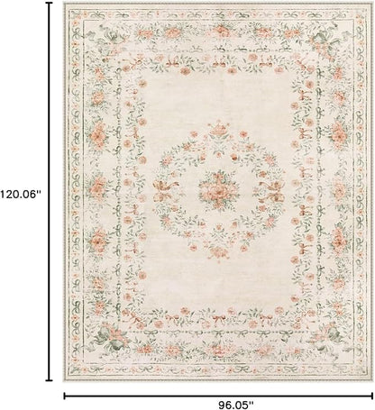 Wonnitar Floral Bow Print Washable 8x10 Rug, Beige Rugs for Living Room, Boho Non Slip Ultra-Thin Soft Neutral Carpet for Nursey Kids Room Dorm Living Room, Beige