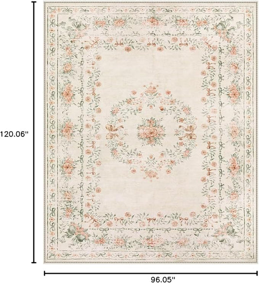 Wonnitar Floral Bow Print Washable 8x10 Rug, Beige Rugs for Living Room, Boho Non Slip Ultra-Thin Soft Neutral Carpet for Nursey Kids Room Dorm Living Room, Beige