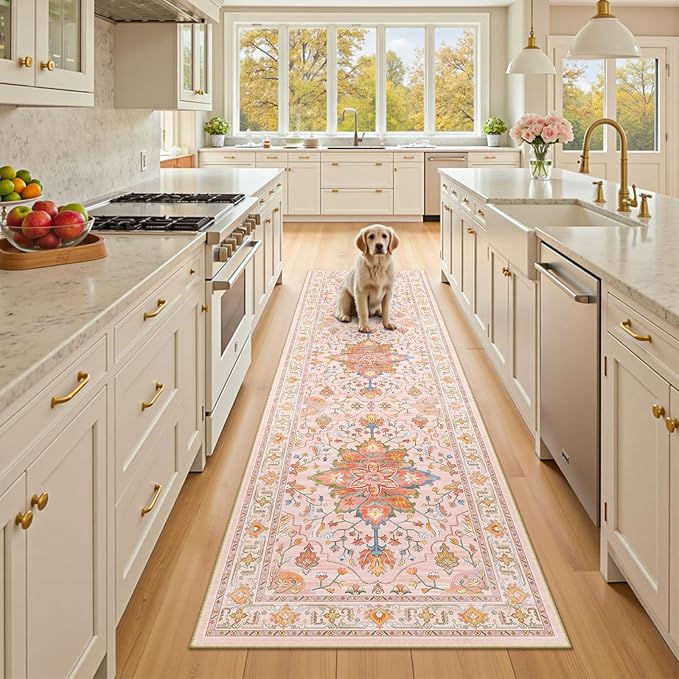 RELEANY Area Rugs 2'6"x8' Runner Rug Non Slip Washable for Kitchen Hallway Bedroom Beside Laundry Room Bathroom Rug, Floor Carpet, Light Pink Colorful
