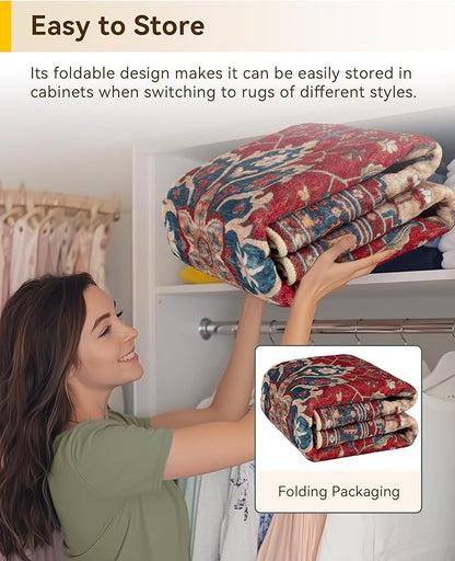RELEANY Area Rugs Round 6ft Washable Non-Slip, Floral Vintage Distress Print Pattern Medallion Carpet for Living Room Bedroom Dining Room, Red Blue