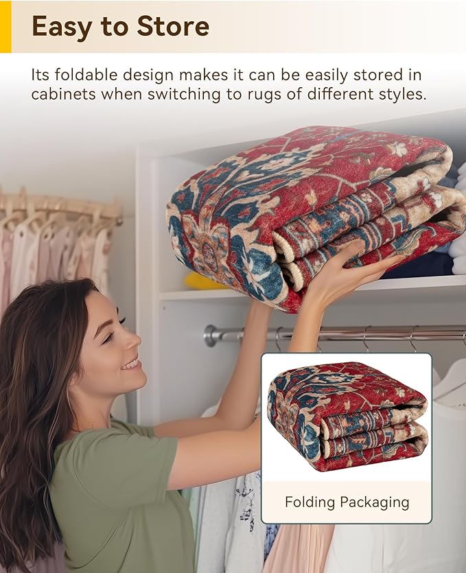 RELEANY Area Rugs 3'x5' Washable Non-Slip, Floral Vintage Distress Print Pattern Medallion Carpet for Living Room Bedroom Dining Room, Red Blue