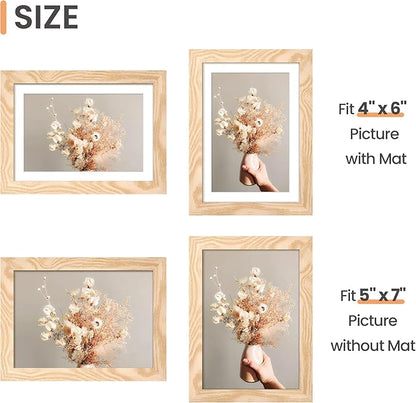 upsimples 5x7 Picture Frame Set of 10, Display Pictures 4x6 with Mat or 5x7 Without, Multi Photo Frames Collage for Wall or Tabletop Display, Natural