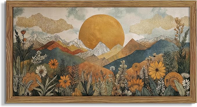 Framed Boho Landscape Large Wall Art, Abstract Sun Mountain Canvas Wall Decor Painting, Modern Floral Botanical Aesthetic Poster Print Picture for Living Room Bedroom Home Office 24x48 Inch
