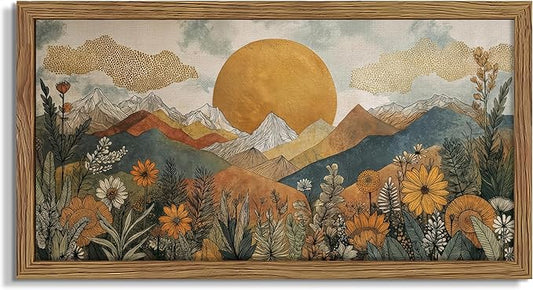 Framed Boho Landscape Large Wall Art, Abstract Sun Mountain Canvas Wall Decor Painting, Modern Floral Botanical Aesthetic Poster Print Picture for Living Room Bedroom Home Office 24x48 Inch
