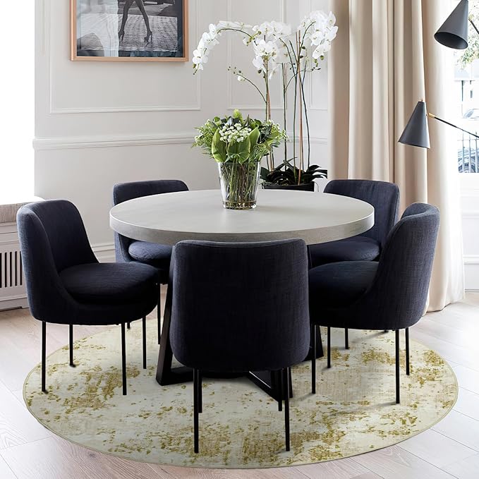 ROYHOME Modern Abstract 4x4 Round Area Rug Non Slip Non Shedding Rug Low Pile Stain Resistant for Bedroom Living Room Office Dining Room,Golden Grey