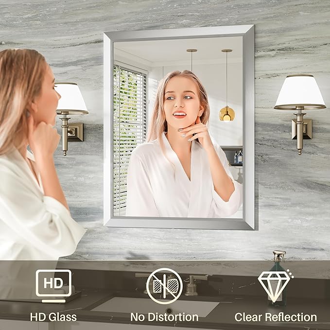 24x30 Inch Brushed Silver Bathroom Mirror for Wall, Thick Metal Framed Rectangle Mirrors for Over Sink, Bedroom, Living Room, Entryway, Anti-Rust, HD Tempered Glass