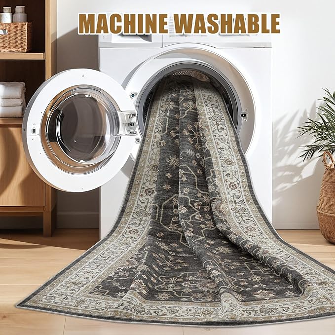 Area Rug for Living Room - 5x7 Soft Washable Oriental Vintage Floral Distressed Large Carpet - Fade Stain Resistant Non Slip Rugs for Bedroom Dining Room Nursery Dorm Office Home Decor - Black