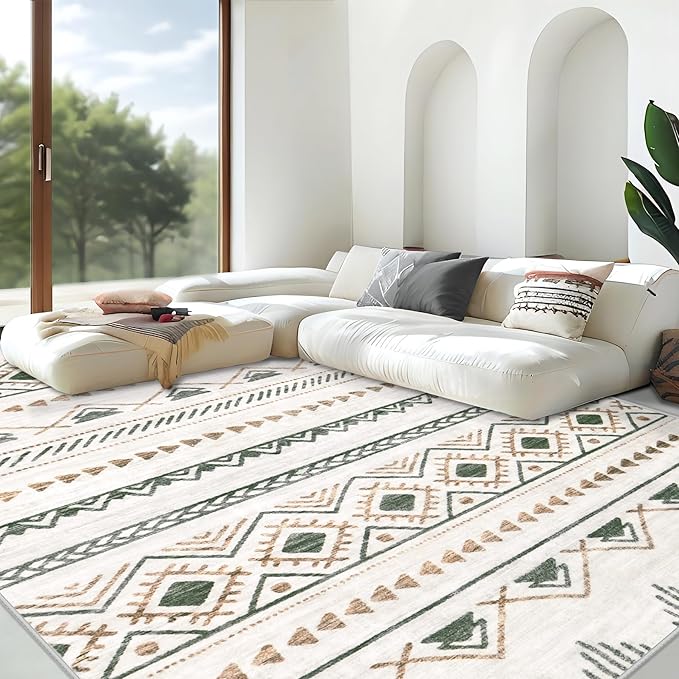 Area Rug for Living Room 10x12: Large Washable Boho Moroccan Rugs Geometric Neutral Rug, Non-Slip Foldable Morden Farmhouse Indoor Floor Carpet for Bedroom Dining Room Home Office（Brown Green,10'x12'）