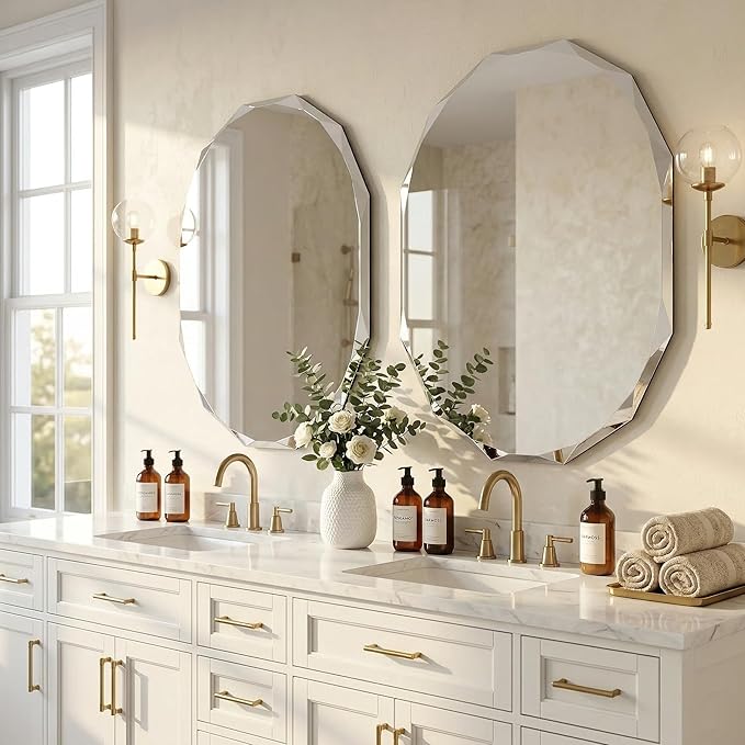 36x30 Large Capsule Vanity Mirror for Wide Sink, Luxury Diamond-Faceted Wall Mirror, Frameless Oblong Mirror for Mantle, Horizontal/Vertical