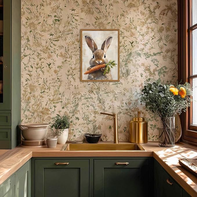 Framed Vintage Rabbit Canvas Wall Art, Cute Easter Bunny with Carrot Pictures Wall Decor, Spring Farmhouse Animal Paintings Prints Cottagecore Home Decor for Living Room kitchen Nursery 12x16 inch