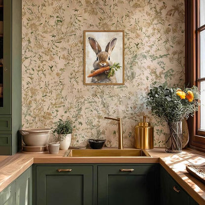 Framed Vintage Rabbit Canvas Wall Art, Cute Easter Bunny with Carrot Pictures Wall Decor, Spring Farmhouse Animal Paintings Prints Cottagecore Home Decor for Living Room kitchen Nursery 12x16 inch