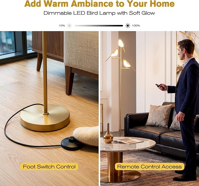 Remote Control Floor Lamps for Living Room: with 3 Adjustable LED Bird Lights - Easy to Install in 5 Minutes - Dimmable Standing Lamp - Tall Bird Floor Lamp for Bedroom Kids Room Home Decor