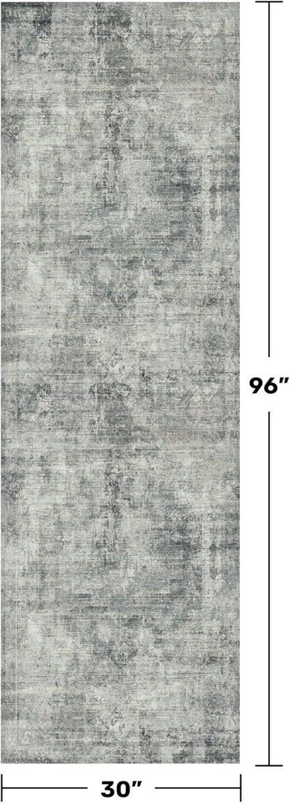 Hazo Haus 2'6"x8' Hallway Runner Rugs Non Slip, Modern 8ft Long Rug for Kitchen Floor, Entrance, Farmhouse Medallion Abstract Indoor Décor, Low Pile Stain Resistant (Slate Blue)