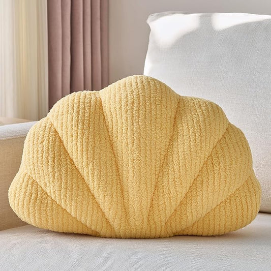 Shell Pillow, Soft Decorative Pillows for Bed Couch, Seashell Plush Throw Pillow Aesthetic Home Decor Cushion for Bedroom Living Room (Yellow, 14 X 11 Inches)