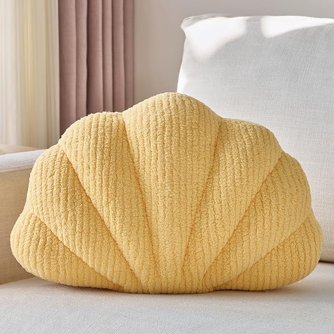 Shell Pillow, Soft Decorative Pillows for Bed Couch, Seashell Plush Throw Pillow Aesthetic Home Decor Cushion for Bedroom Living Room (Yellow, 18 X 13 Inches)