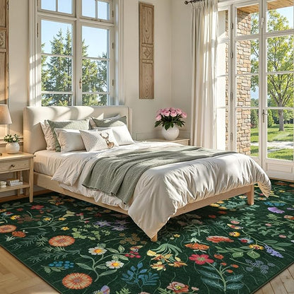 LIVEBOX Sunflower Botanical Washable 8x10 Area Rugs, Green Rug for Living Room, Non Slip Rugs for Bedroom, Boho Floral Indoor Throw Dining Room Carpet for Under Table Home Office Nursery Playroom