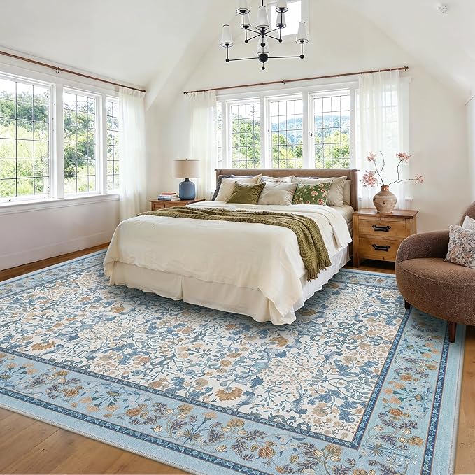 AMADA HOMEFURNISHING 8x10 Washable Area Rugs for Living Room, Non-Slip & Low-Profile Floral Large Area Rug with Durable Edge Binding, Soft Rugs for Living Room, Bedroom, Dining Room