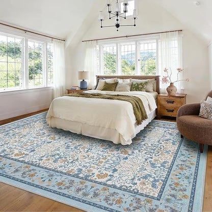 AMADA HOMEFURNISHING 8x10 Washable Area Rugs for Living Room, Non-Slip & Low-Profile Floral Large Area Rug with Durable Edge Binding, Soft Rugs for Living Room, Bedroom, Dining Room