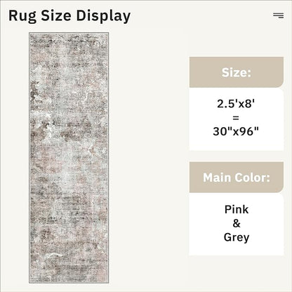 Soalmost Washable Runner Rug, 2'6" x 8' Non-Slip Kitchen Vintage Foldable 2.5x8ft Hallway Runners for Entryway, Laundry, Bedroom, Pink/Grey