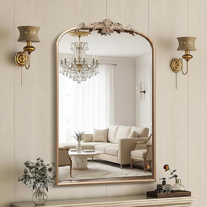 Besdomus Large Antique Wall Mirror: 24"x36" French Arched Champagne Gold Vintage Wall Mounted Mirror - Traditional Ornate Home Decor for Entryway/Bedroom/Bathroom - Baroque Idea for Housewife