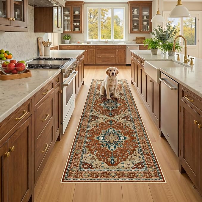 RELEANY Area Rugs 2'x8' Runner Rug Non Slip Washable for Kitchen Hallway Bedroom Beside Laundry Room Bathroom Rug, Floor Carpet, Red Orange Blue Brown