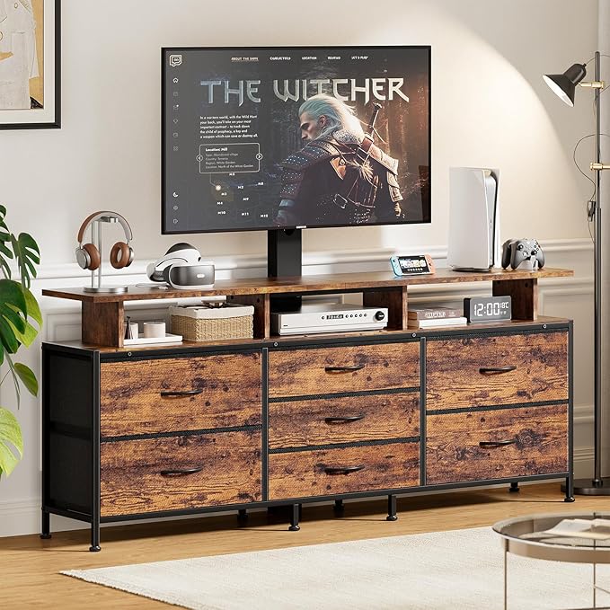 REAHOME TV Stand with Mount, 63" Entertainment Center for 32/45/55/60/65/70 inch TVs, Media Console Table with 7 Drawers, Height Adjustable Mount, Dresser TV Stand for Living Room, Rustic Brown
