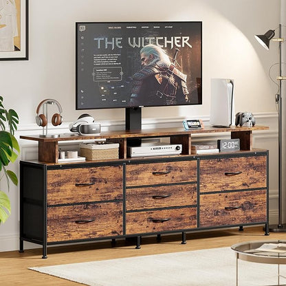 REAHOME TV Stand with Mount, 63" Entertainment Center for 32/45/55/60/65/70 inch TVs, Media Console Table with 7 Drawers, Height Adjustable Mount, Dresser TV Stand for Living Room, Rustic Brown