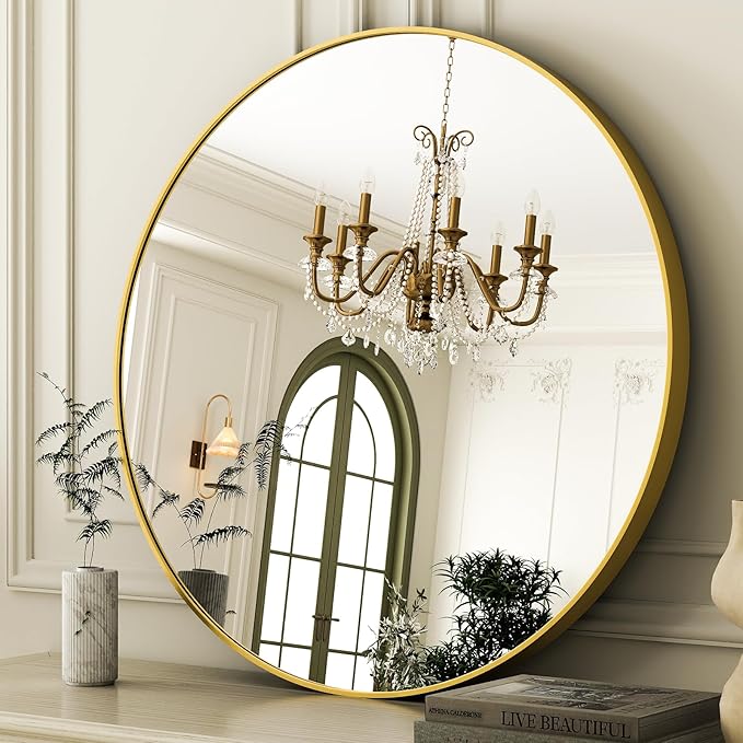 30 Inch Round Bathroom Mirror - Gold Wall Mounted Circle Mirror with Metal Frame, Modern Round Hanging Mirror Suitable for Bathroom, Vanity, Entryway, Living Room