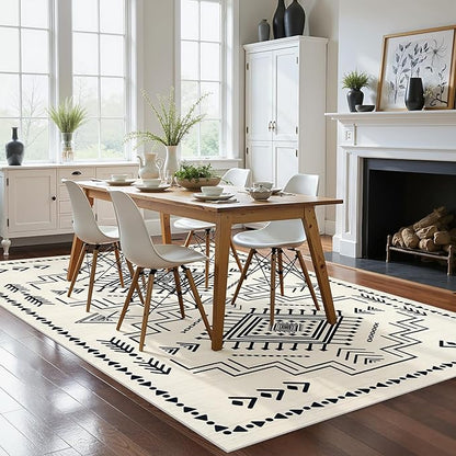 Joydeco 5x7 Moroccan Living Room Rugs, Modern Washable Bedroom Rug, Western Low Pile Non Shedding Distressed Aztec Dining Room, Aztec Soft Non Slip Carpet for Office Home Decor, Ivory