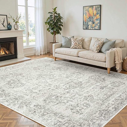 Rugxara 6x9 Washable Area Rug for Living Room, Neutral Vintage Large Boho Rugs for Office, Dining Room, Kids Room, Farmhouse, Durable Low Pile Non Slip Carpet for High Traffic Areas, Light Grey
