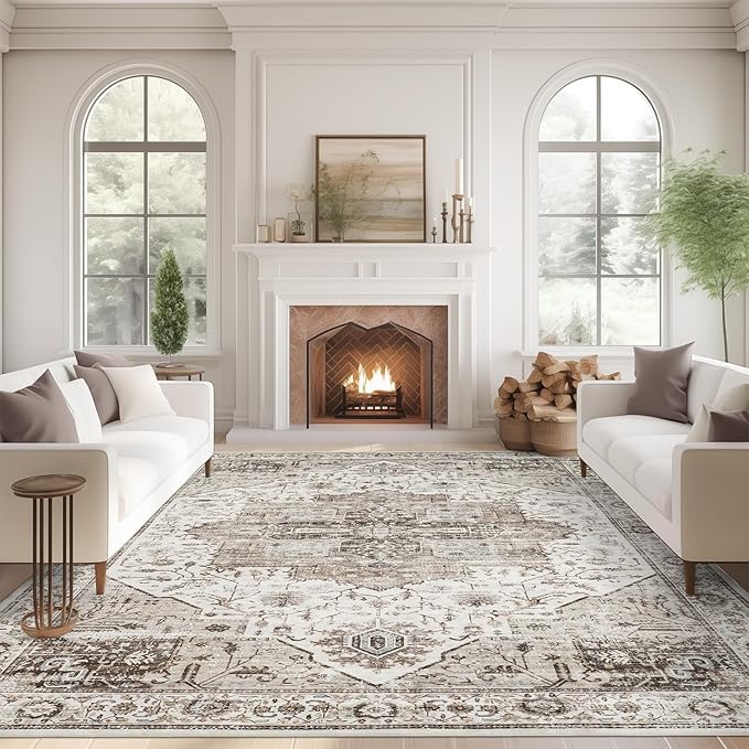 8x10 Area Rugs for Living Room, Machine Washable Non Slip Vintage Rug, Non-Slip Stain Resistant, Large Soft Home Decor Rug for Bedroom Dining Room (Brown,8'x10')