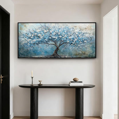 crmotu Tree of Life Wall Art, Large Wall Decor Living Room, Black Framed Wall Art, Cherry Blossom Tree Painting Prints, Modern Japanese Aesthetic Artwork, Blue Big Pictures for Office Hotel 32"x71"