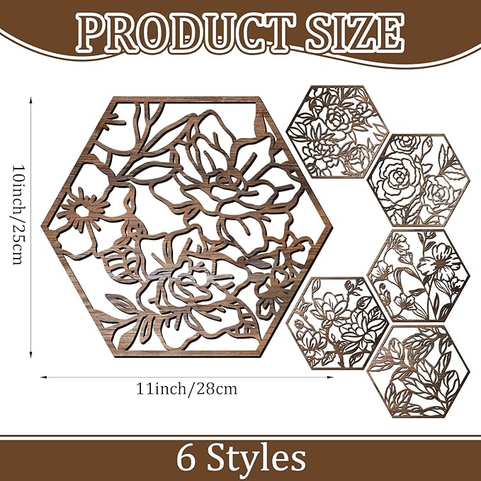 BreezeHug 6 Pcs Flowers Wooden Wall Art Decor Hexagon Hollowing out Boho Flower Sculpture Sign Ornament Modern Wooden Wall Art Decoration Hanging Set for Living Room Bedroom Farmhouse (11"x 10")