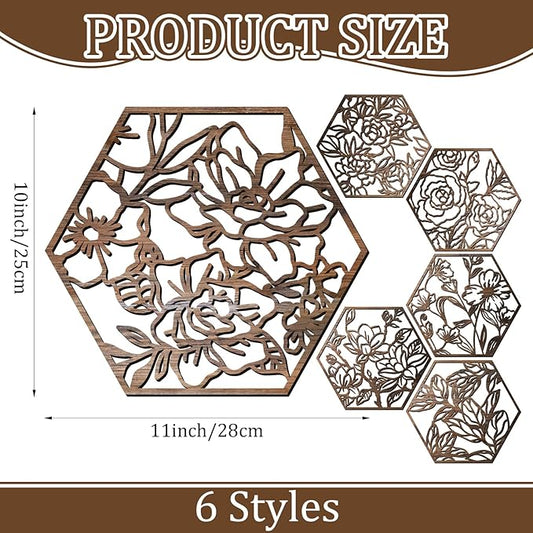 BreezeHug 6 Pcs Flowers Wooden Wall Art Decor Hexagon Hollowing out Boho Flower Sculpture Sign Ornament Modern Wooden Wall Art Decoration Hanging Set for Living Room Bedroom Farmhouse (11"x 10")
