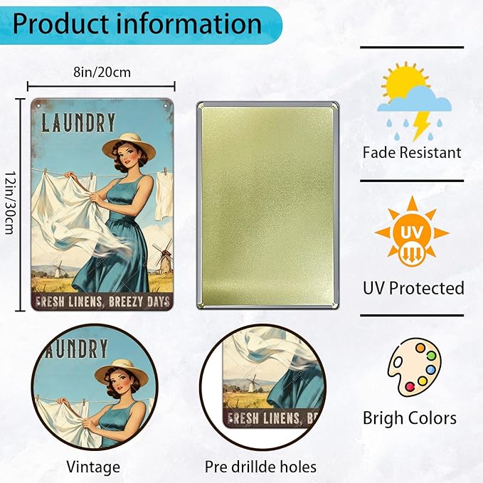 Laundry Vintage Tin Sign Funny Sarcastic Fresh Linens Breezy Days Retro Housewife Design Vintage 1950s Mom 12x8 Inch