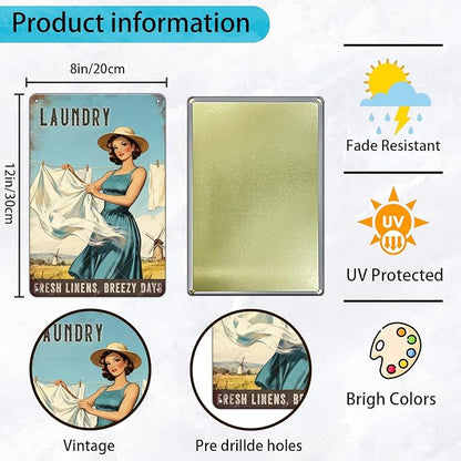 Laundry Vintage Tin Sign Funny Sarcastic Fresh Linens Breezy Days Retro Housewife Design Vintage 1950s Mom 12x8 Inch