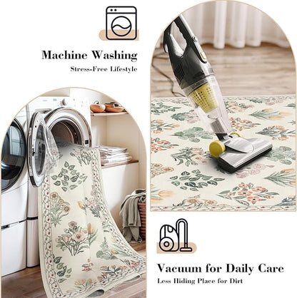 Wonnitar Floral Washable 8x10 Area Rugs, Soft Large Rugs for Living Room, 8 x 10 Low Pile Non Slip Moroccan Bedroom Carpets for Nursery Kids Room Decor Dining Room, Cream Beige